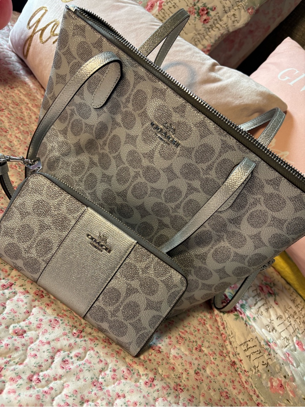 Coach Signature Canvas Tote and Wallet Set in Silver/Gray